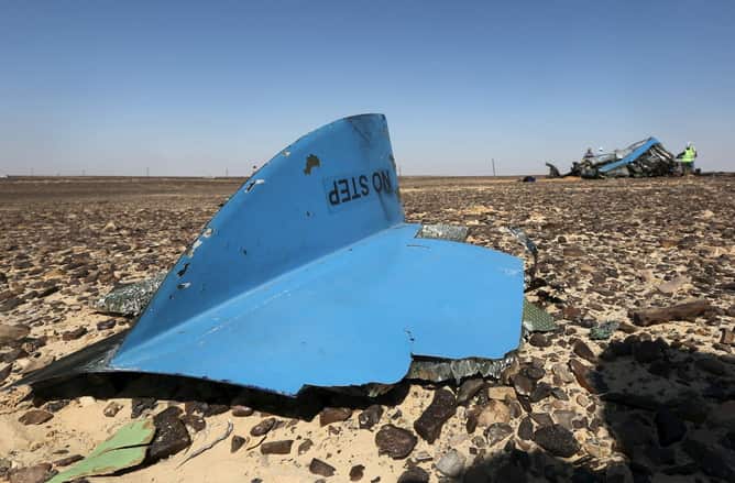 The debris from a Russian airliner that crashed in Egypt's Sinai Peninsula.