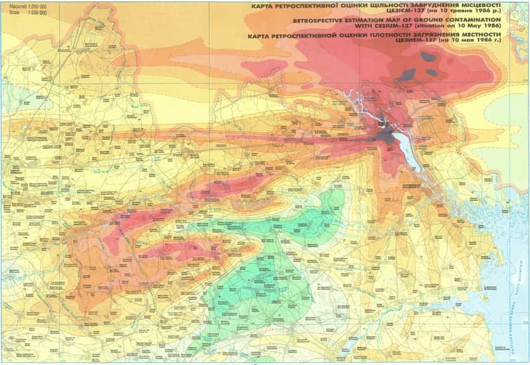 Map of the Chernobyl region of Ukraine. Note the highly heterogeneous deposition patterns of radioactivity in the region.