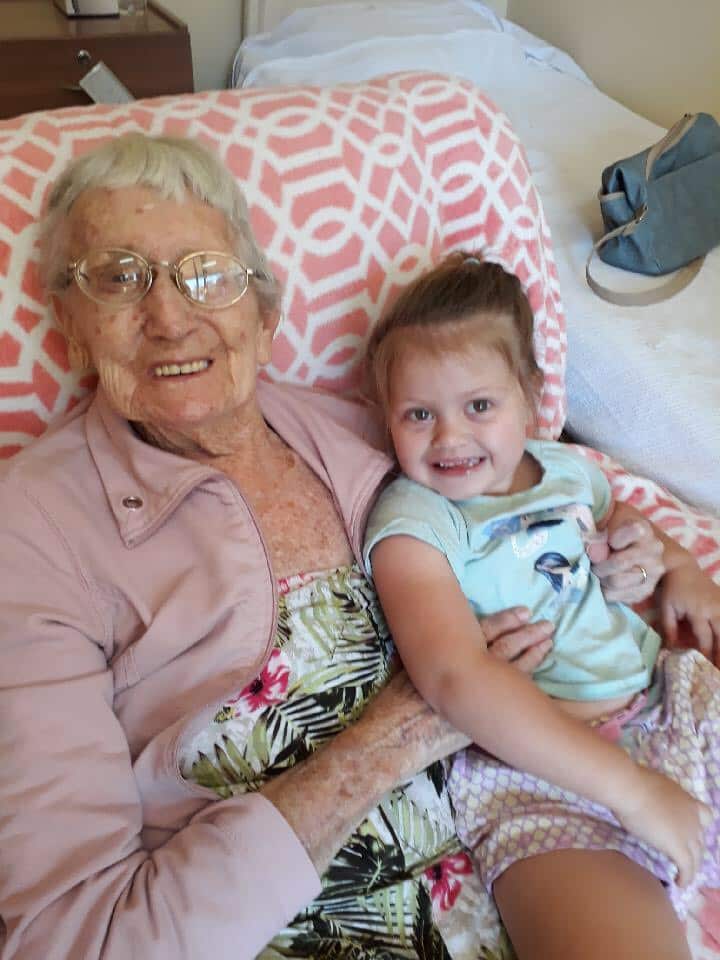 Mollie Manley with her four-year-old great granddaughter, Jasmine, in her aged care home last year.
