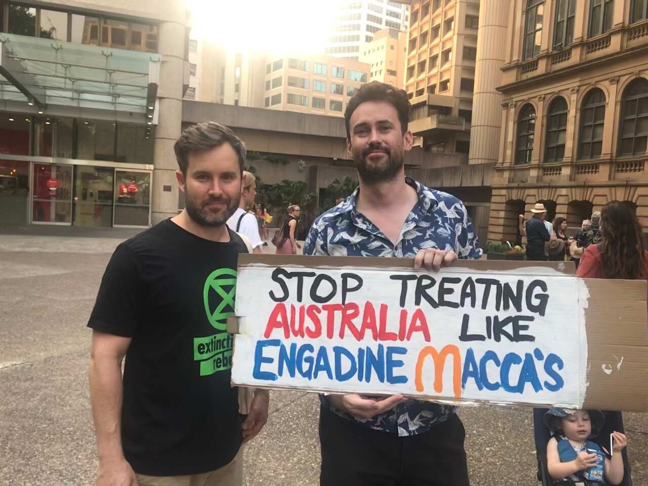 Gulligan, who attended the Sydney protest with his two-year-old daughter, and AJ, who is an organiser for Extinction Rebellion. 