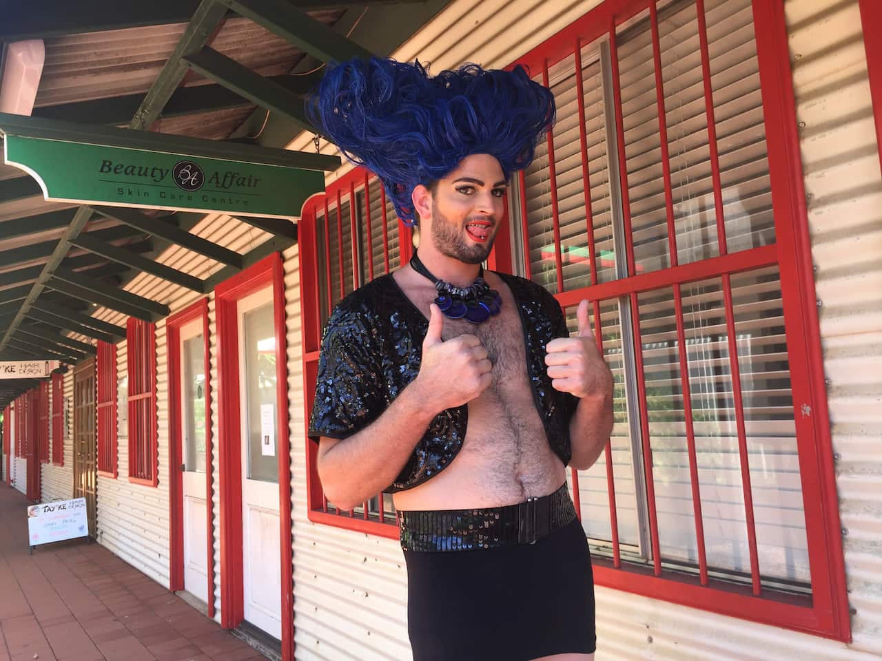 24-year-old Jack Woods gets dolled up ahead of the town of Broome's own Mardis Gras this evening.