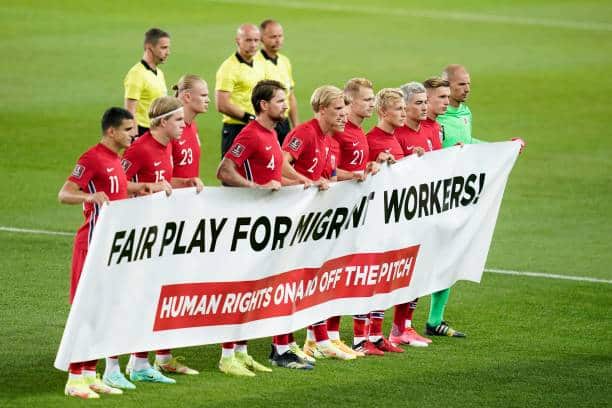Norwegian players in September holding a banner in support of human rights