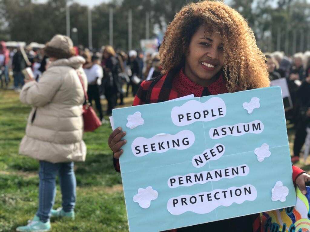 Ms Tebubu at a protest at Parliament House in Canberra, after being released from detention. 