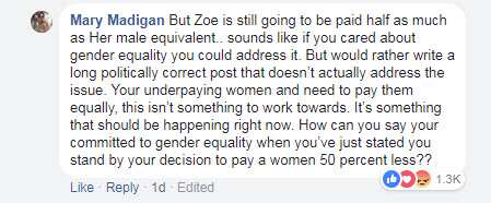 A screenshot of Mary Madigan's comment over the Ballito Pro gender pay disparity.