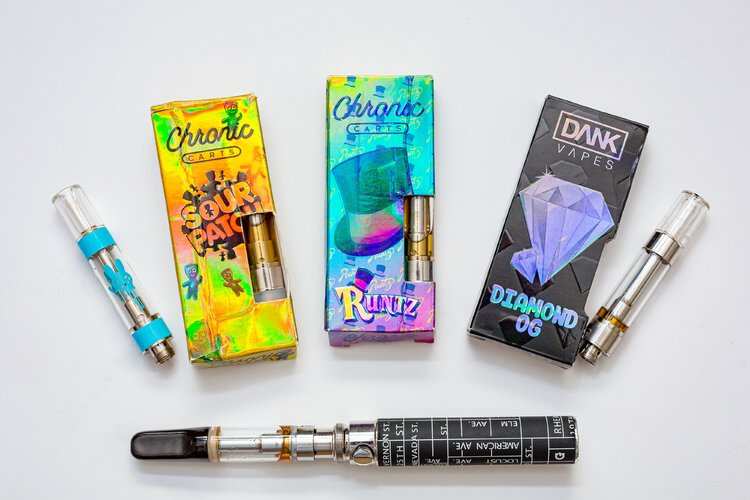 Vapes with colourful packaging. 