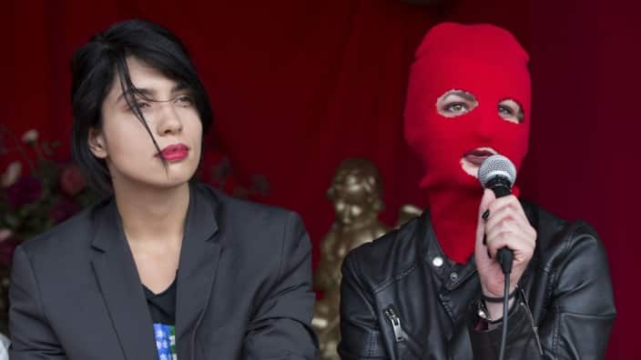 Nadya Tolokonnikova (left) and Sacha Adler of Pussy Riot talk during a debate at Dutch music festival Zwarte Cross on July 23, 2016 in Lichtenvoorde.