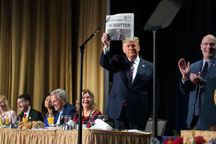 US President Donald Trump lashes out at impeachment foes at National Prayer Breakfast.