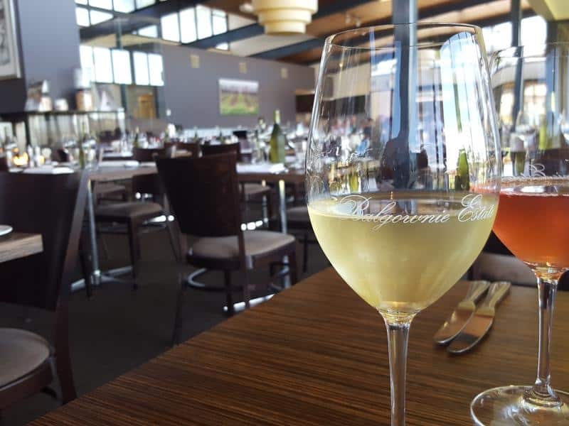 Two glasses of wine on a restaurant table