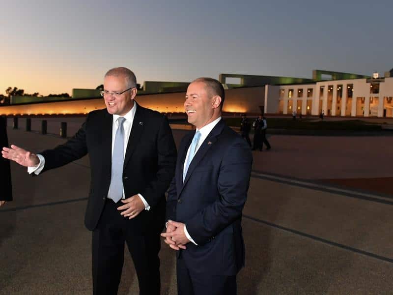 Scott Morrison and Treasurer Josh Frydenberg outside Parliament House.