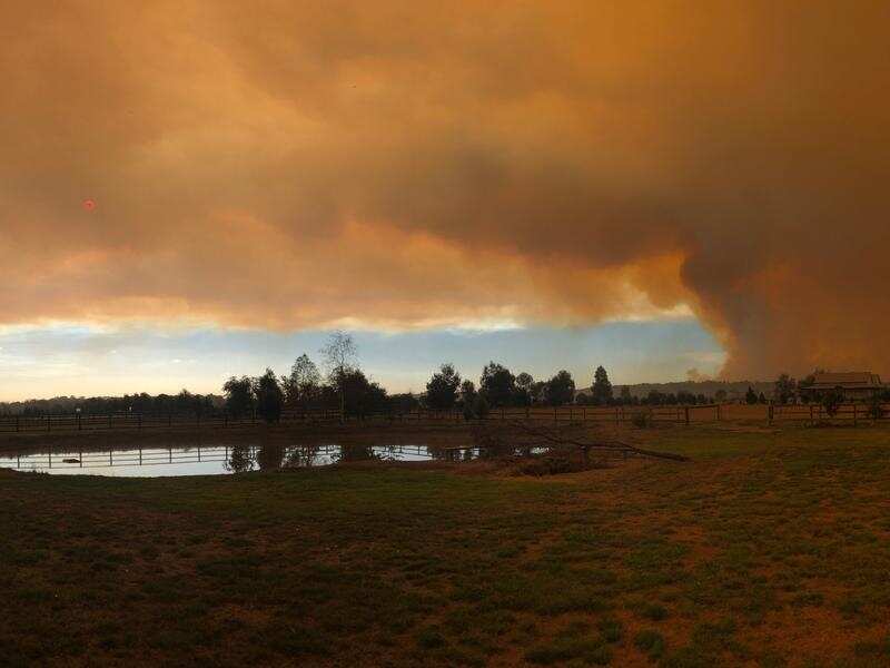 Bushfire smoke fills the sky.