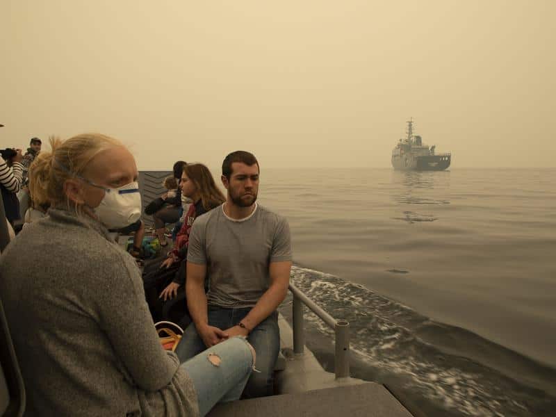 Mallacoota evacuees on navy vessels off Victorian coast.