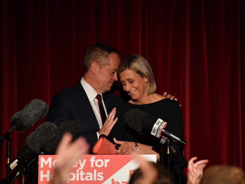 Bill Shorten helps Susan Lamb celebrate her win in Longman.