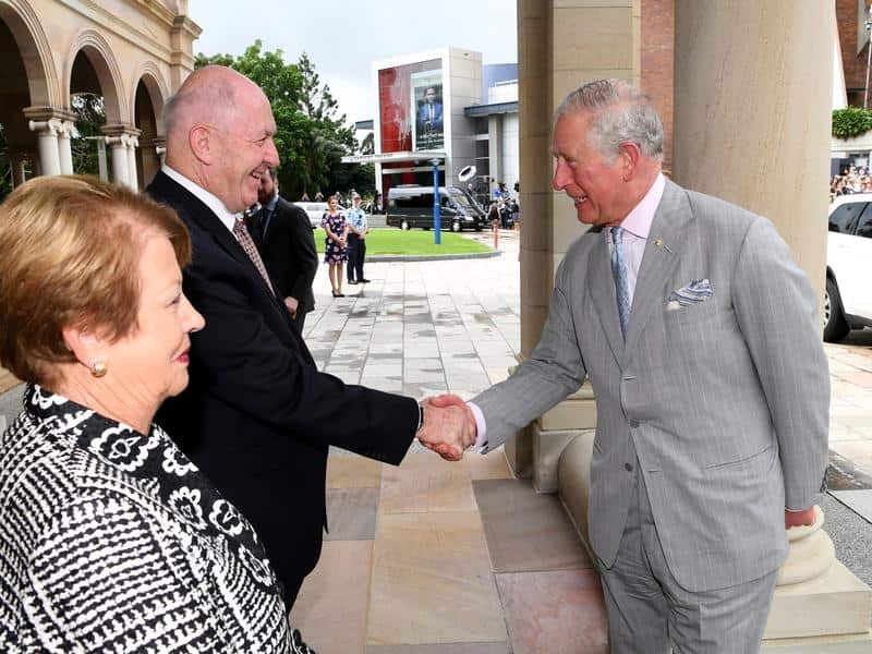 Governor-General Sir Peter Cosgrove and his wife Lynne welcome Prince Charles to Brisbane. 