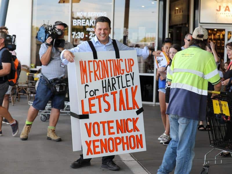 SA-Best leader Nick Xenophon wears a sandwich board to launch his election campaign in Adelaide.