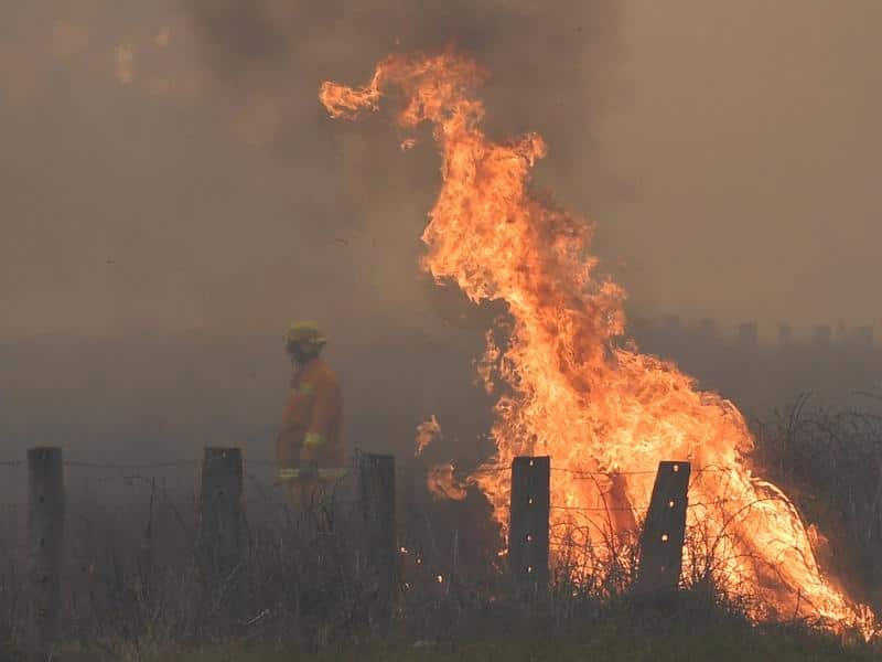 A fire fighter in front of a spot fire is seen in Victoria.