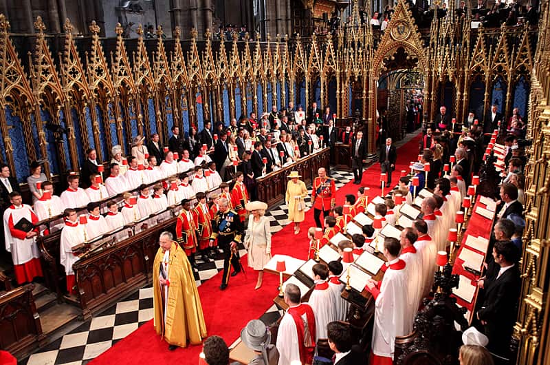 Prince Charles, Prince of Wales and Camilla, Duchess of Cornwall arrive at Westminster Abbey followed by Queen Elizabeth II and Prince Philip, Duke of Edinburgh.
