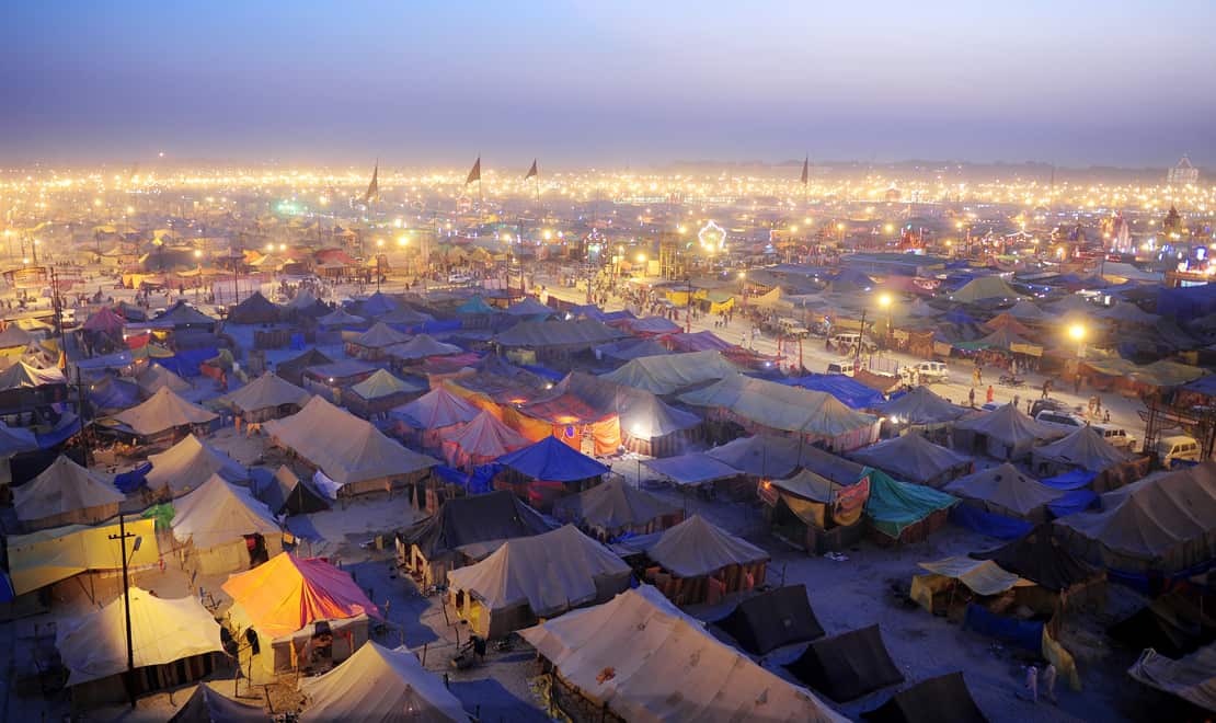The giant tent city which hosts the Kumbh Mela is built temporarily on an area that's normally flooded. Some 30,000 volunteers and 7,000 police are helping to keep it moving until the festival ends on 10 March.