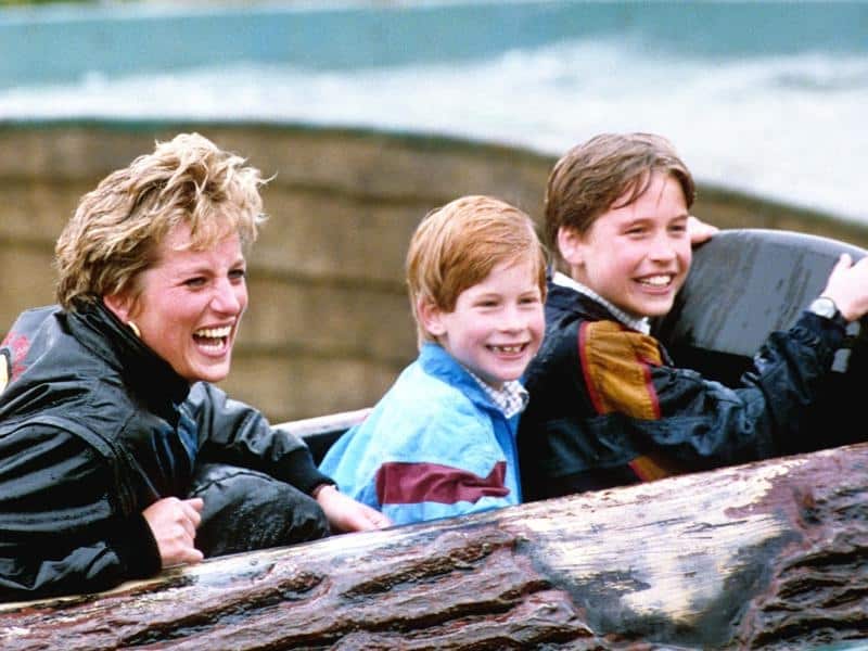 Princess Diana on a water ride with Harry and William in 1993.