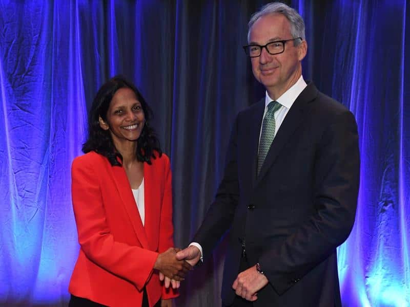 Macquarie CEO Shemara Wikramanayake is welcomed by her predecessor