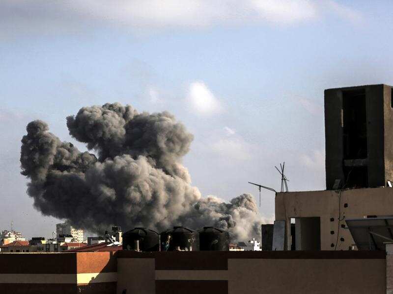 Smoke rises as Israel carries out airstrikes in the Al Katiba region of Gaza City.