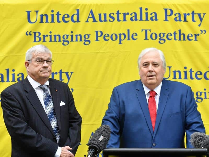 Former One Nation Senator Brian Burston and Clive Palmer (R).