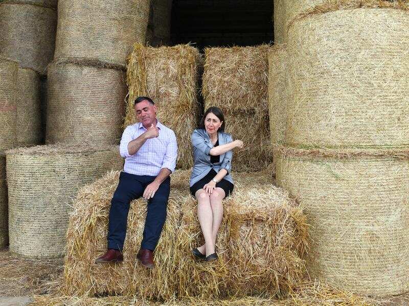 Gladys Berejiklian and Nationals leader John Barilaro at a hay farm.