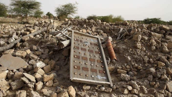 The rubble left from an ancient mausoleum destroyed by Islamist militants, is seen in Timbuktu.