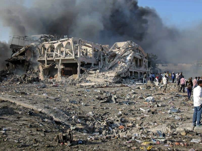 A collapsed building after a massive truck bomb went off in Mogadishu