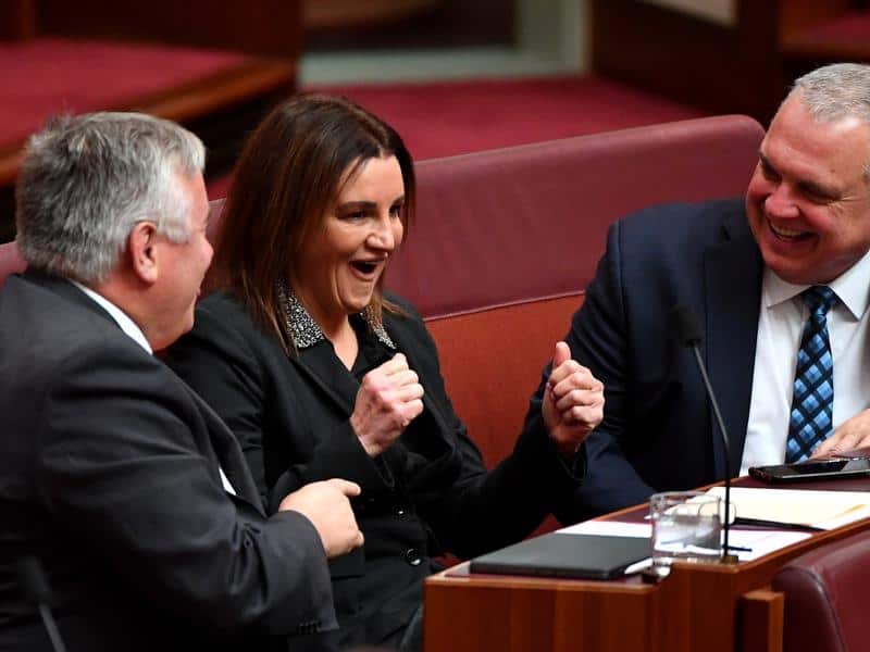 Senator Jacqui Lambie gives the thumbs up in the upper house.