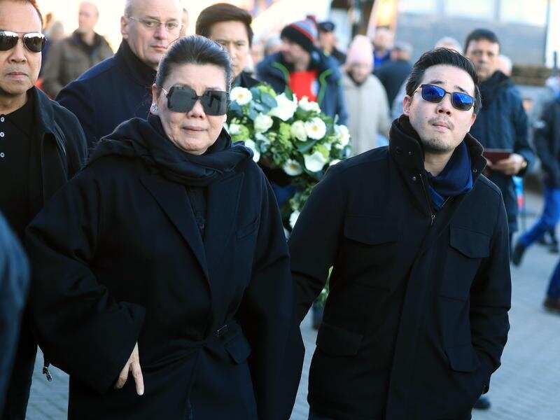 The wife and son of Leicester Club owner Vichai Srivaddhanaprabha laid a wreath at the stadium.