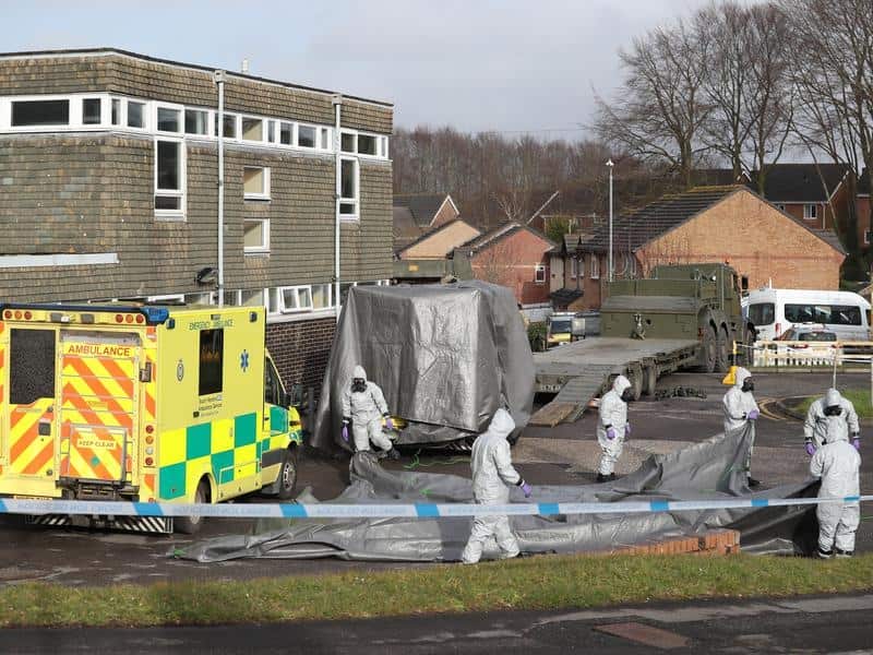 Military personnel in gas masks in Salisbury