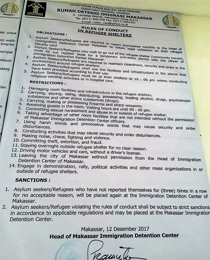 Rules posted at the International Organisation for Migration accomodation.