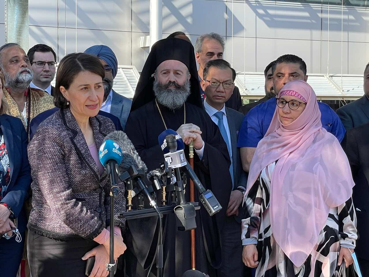 NSW Premier Gladys Berejiklian pictured with various community and religious leaders on Wednesday. 