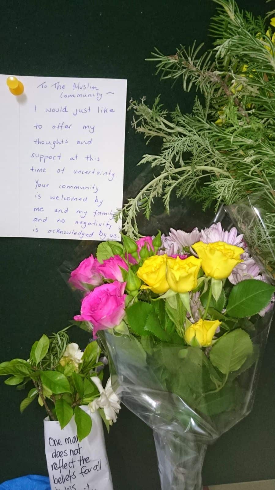 The mosque received this card and flowers following the attacks. 