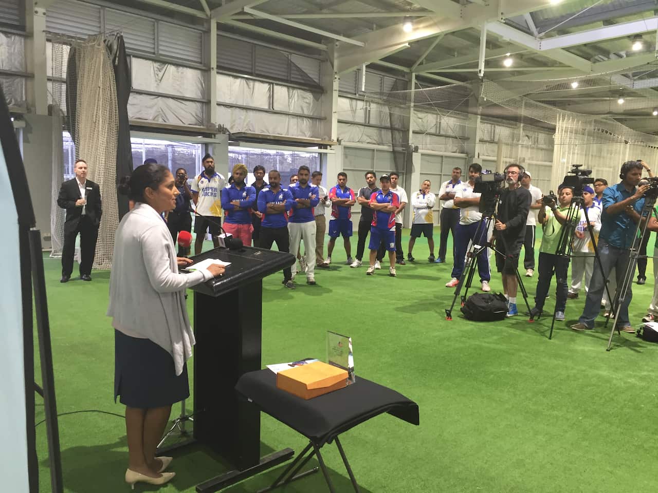 Australia and Sydney Thunder Bowler Gurinder Sandhu speaks to the Mosaic Cricket crowd at Blacktown