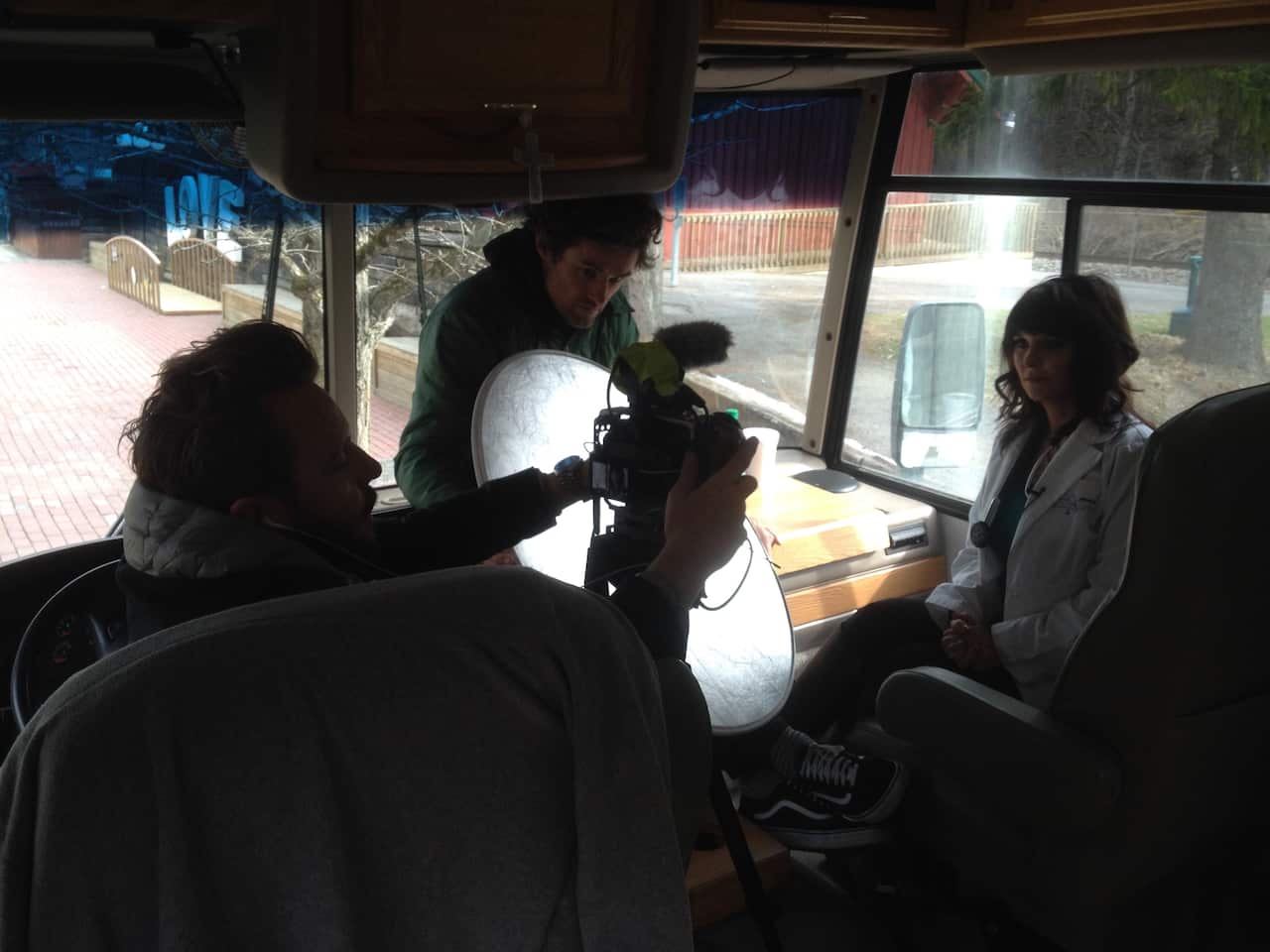 Reporter Dean Cornish (L) and producer Ronan Sharkey filming Virginia.