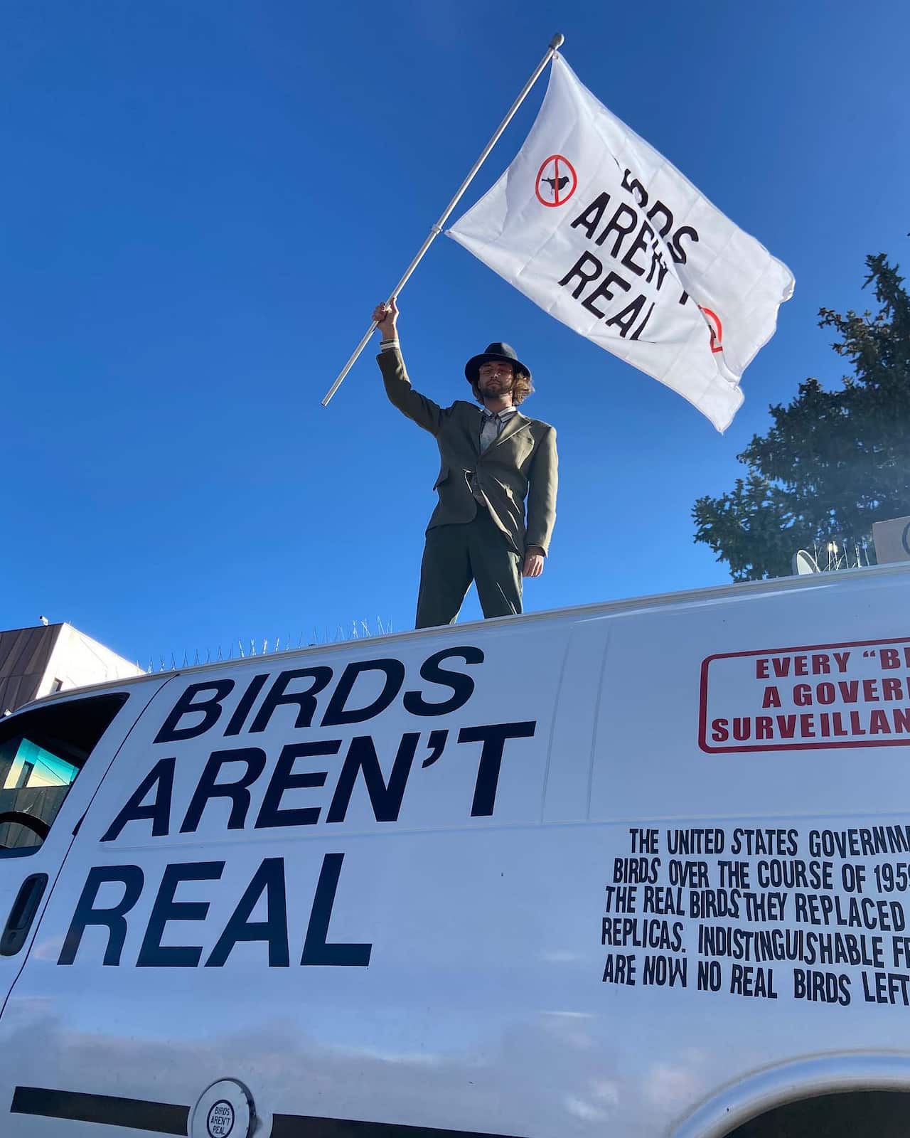 Brendan Trachsel fan rallies on the Birds Aren't Real van.