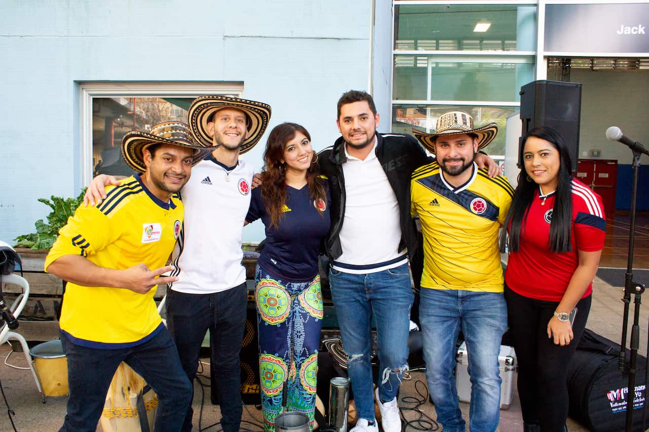 Colombian musicians post at a football tournament in Sydney