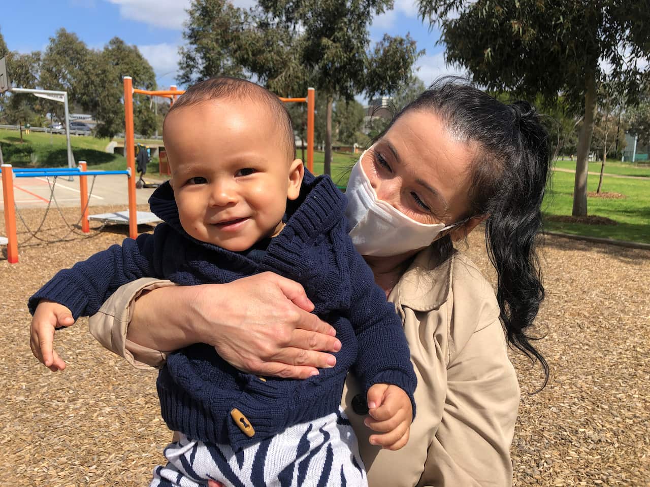 Jasper and mum Olga happy to be out at the playground after months of it being off limits