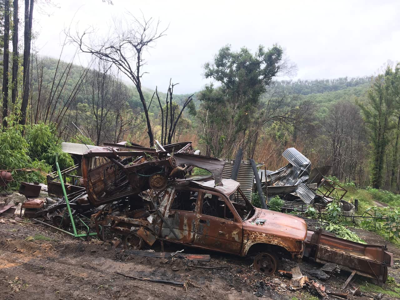 A burnt-out ute on Fiona Lee's property, which was destroyed during the 2019-2020 Black Summer bushfire season