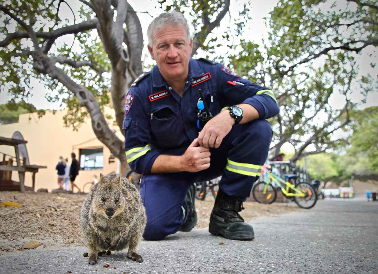 Brendon McLaughlin stands by a quokka