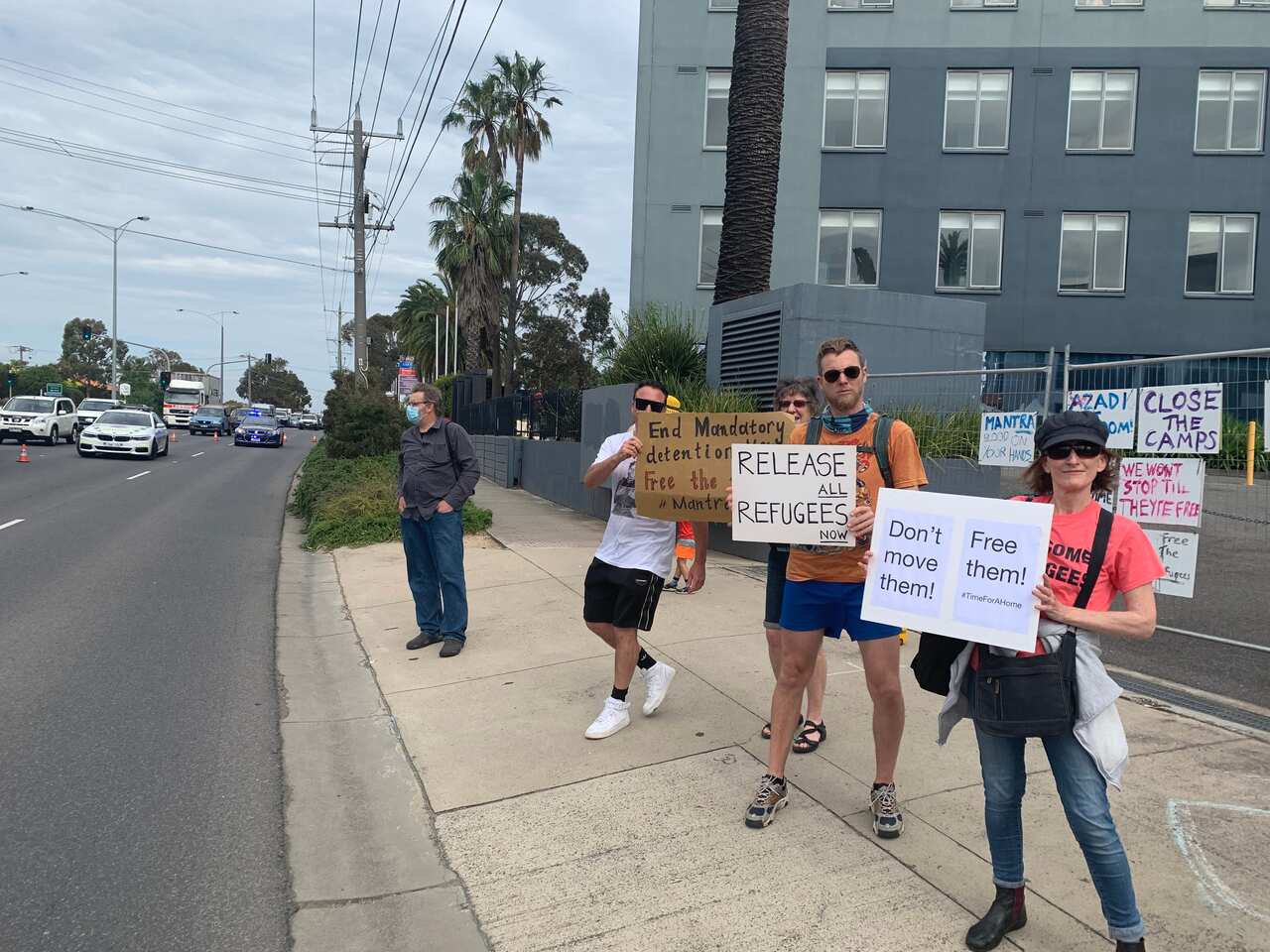 Demonstrators outside the Mantra Hotel in Melbourne.
