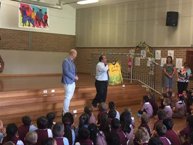 Doonside Public School Principal shows off an Indigenous Wallabies jersey