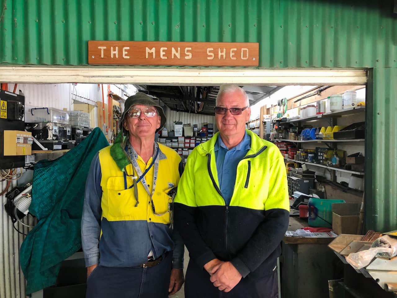 Fred Mirande and John Sharples at the Men's Shed in Mount Keira, in the Illawarra region of New South Wales.
