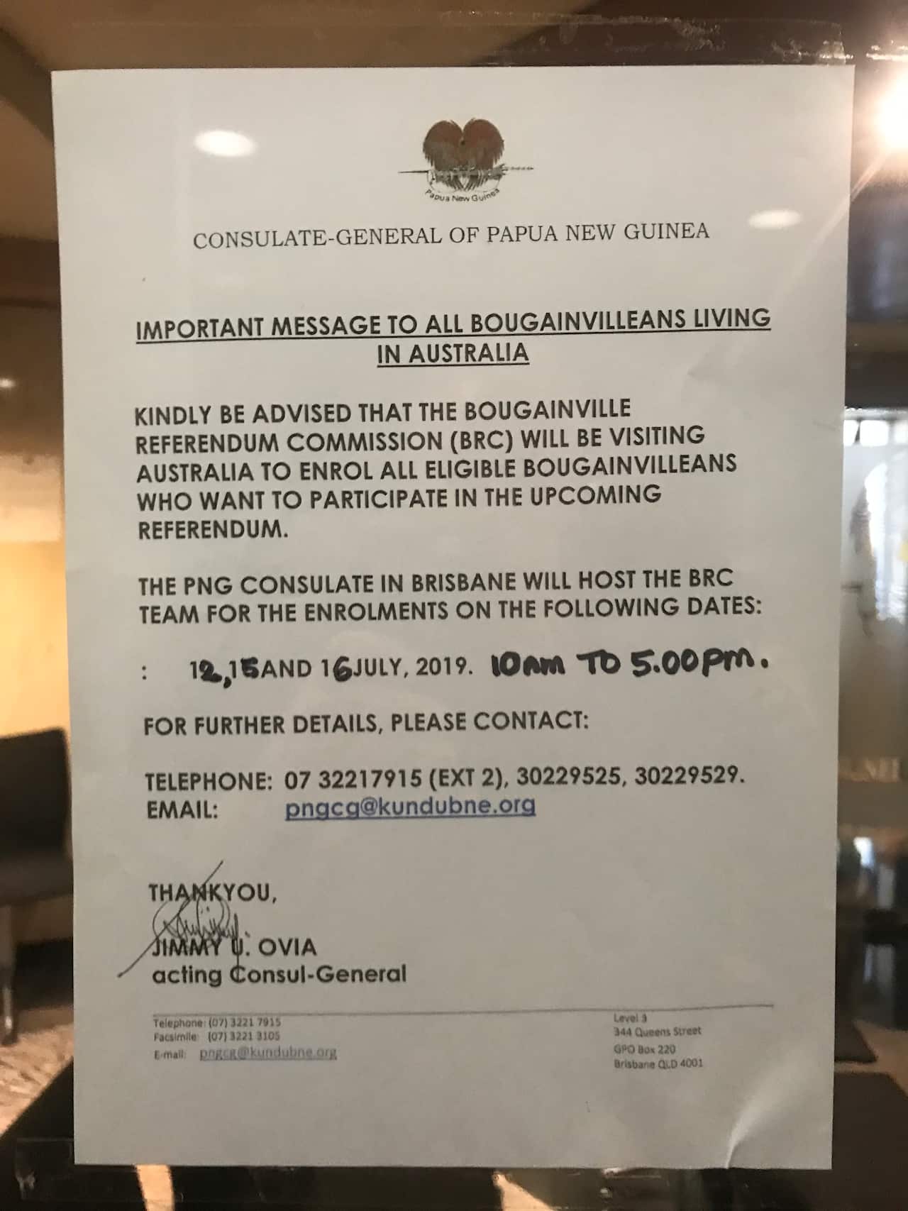 Public notice to all Bougainvilleans living in Australia to register for the referendum.