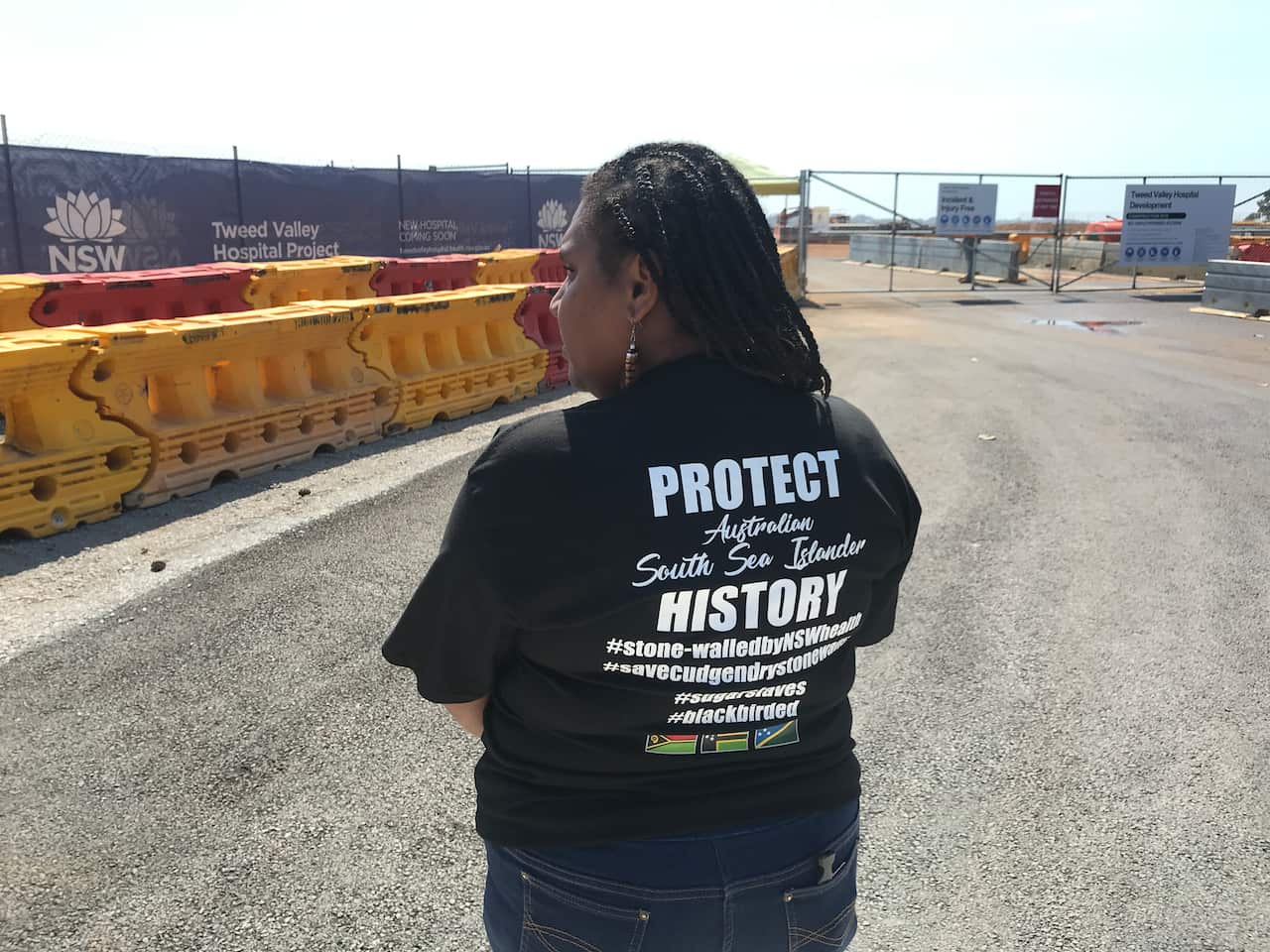 South Sea Islander Louise Togo outside the hospital construction site.