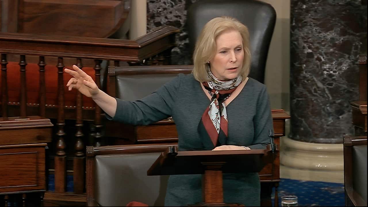 Democratic Senator Kirsten Gillibrand speaks on the Senate floor about the impeachment trial against President Donald Trump.