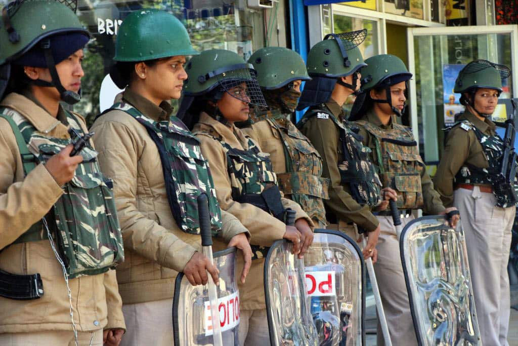 Women soldiers of Central Reserve Police Force keep vigil to thwart student protests in Srinagar, April 2018.