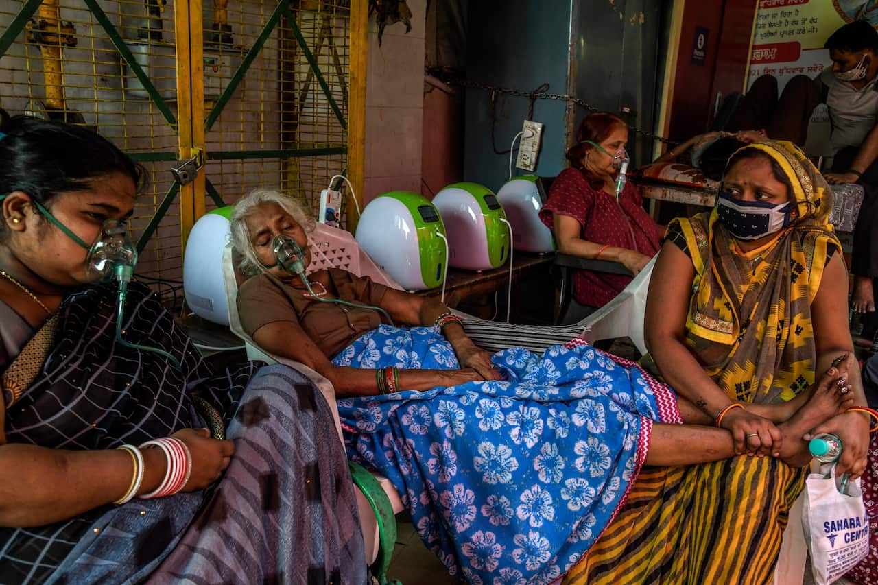 Covid patients received oxygen last month at a New Delhi gurdwara, a Sikh place of worship.