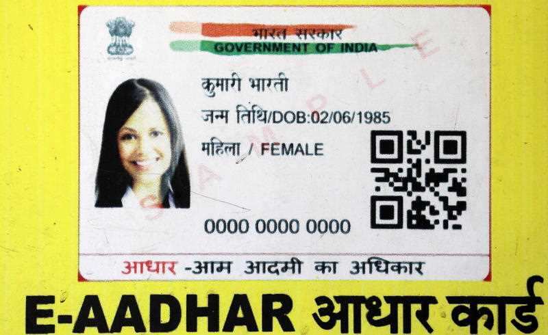 A close up view of a sample of an Aadhaar card.